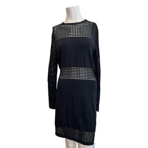 Missguided 14 Black Crochet Bodycon Dress Waffle Waist Long Sleeve Open Knit